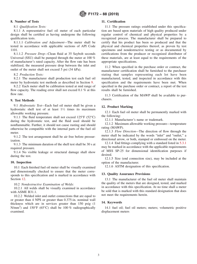 ASTM F1172-88(2019) - Standard Specification for  Fuel Oil Meters of the Volumetric Positive Displacement Type