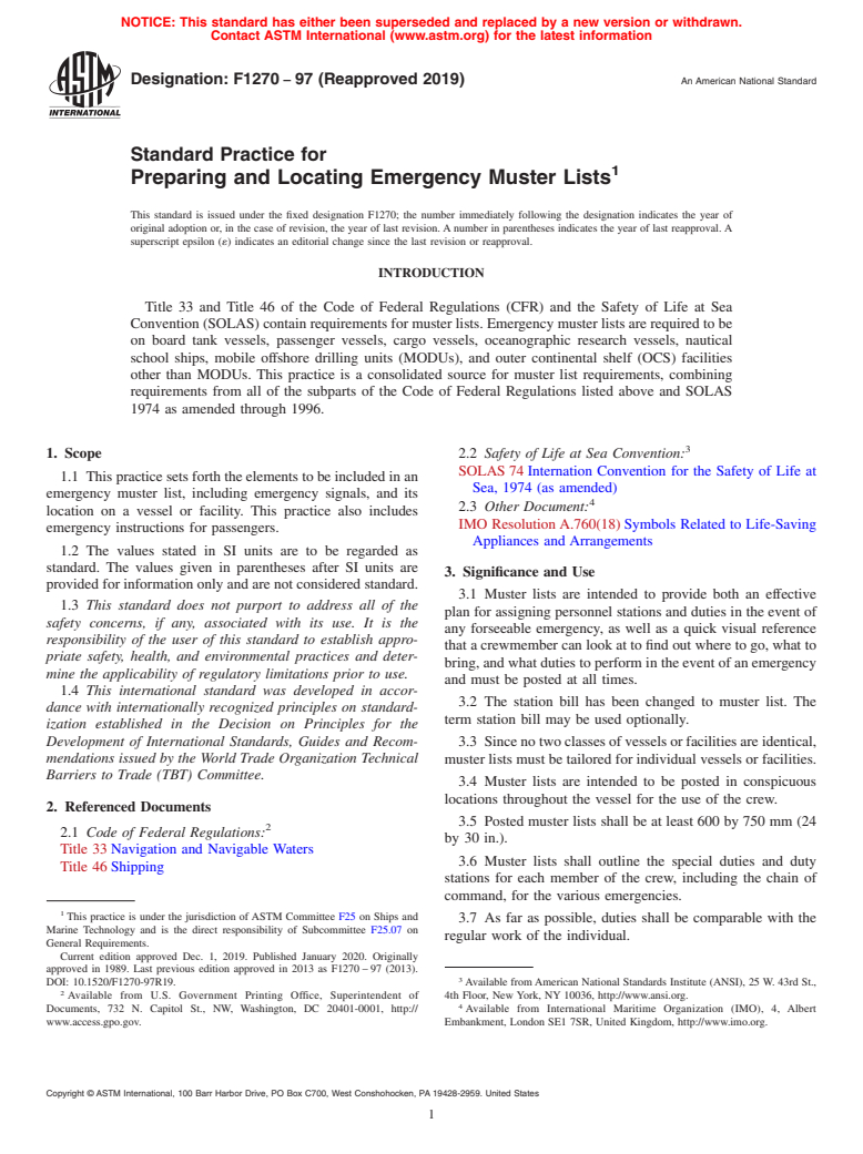 ASTM F1270-97(2019) - Standard Practice for  Preparing and Locating Emergency Muster Lists