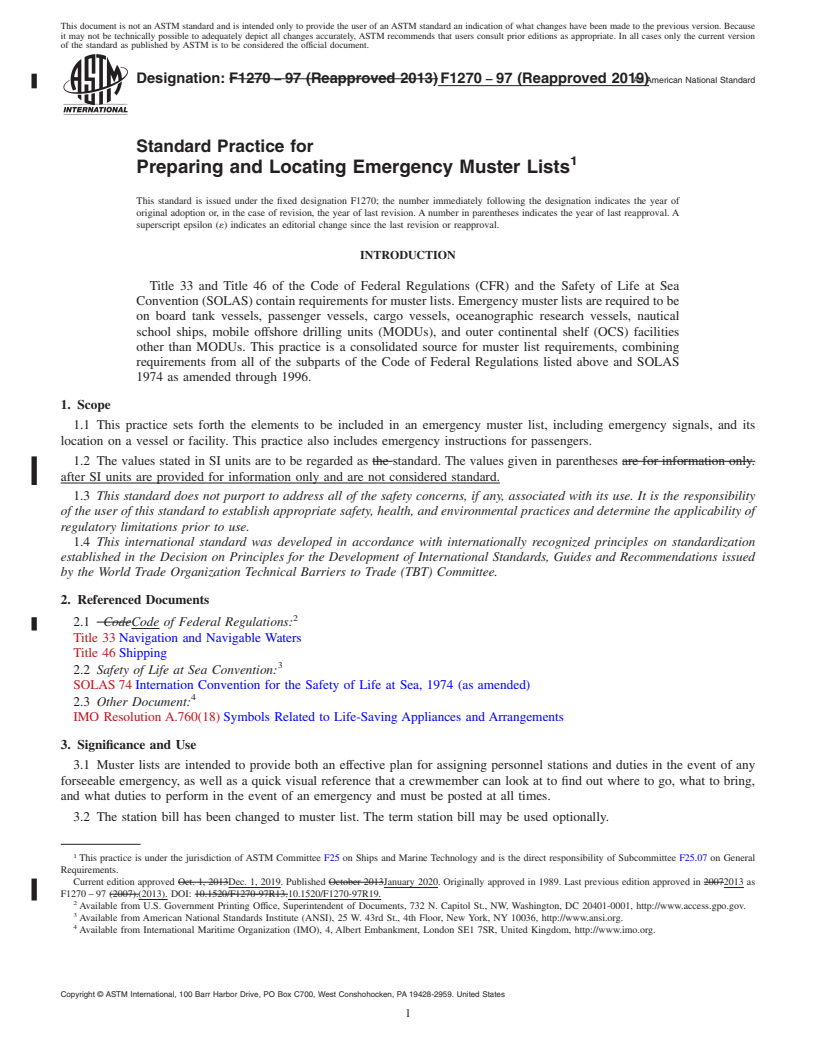 REDLINE ASTM F1270-97(2019) - Standard Practice for  Preparing and Locating Emergency Muster Lists