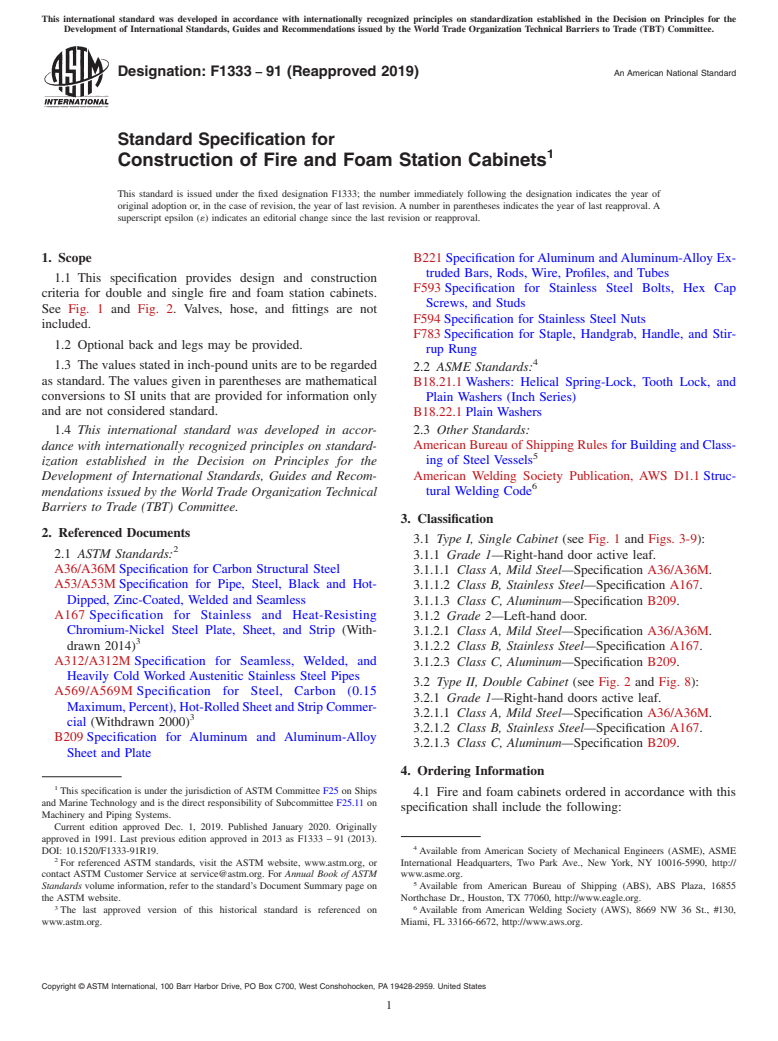 ASTM F1333-91(2019) - Standard Specification for  Construction of Fire and Foam Station Cabinets