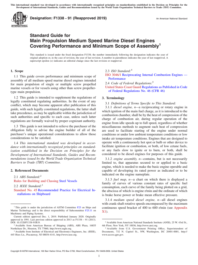 ASTM F1338-91(2019) - Standard Guide for  Main Propulsion Medium Speed Marine Diesel Engines Covering  Performance and Minimum Scope of Assembly