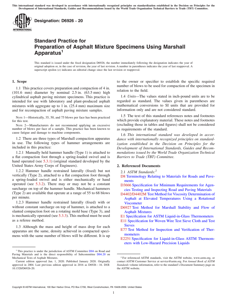 ASTM D6926-20 - Standard Practice for Preparation of Asphalt Mixture Specimens Using Marshall Apparatus