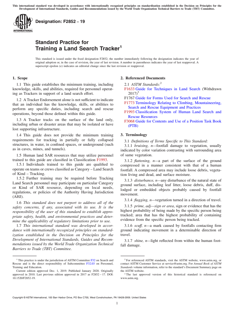 ASTM F2852-19 - Standard Practice for  Training a Land Search Tracker
