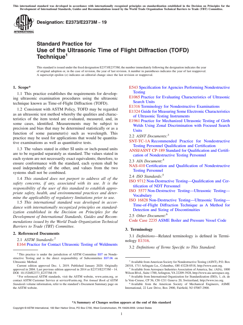 ASTM E2373/E2373M-19 - Standard Practice for  Use of the Ultrasonic Time of Flight Diffraction (TOFD) Technique