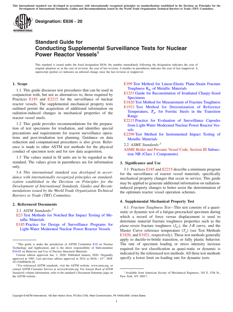 ASTM E636-20 - Standard Guide for  Conducting Supplemental Surveillance Tests for Nuclear Power  Reactor Vessels