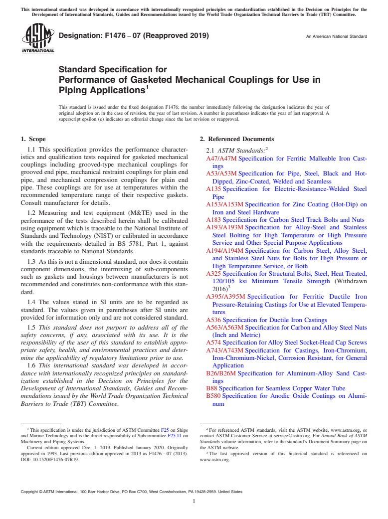 ASTM F1476-07(2019) - Standard Specification for  Performance of Gasketed Mechanical Couplings for Use in Piping  Applications