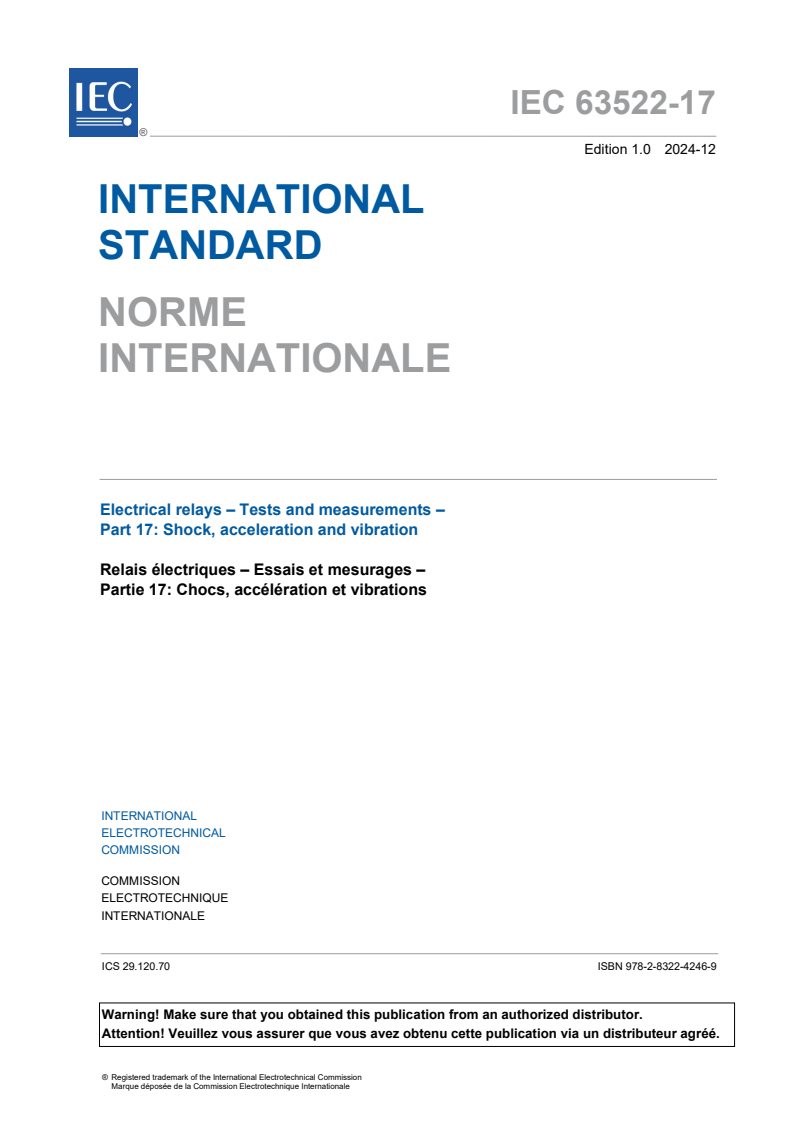 IEC 63522-17:2024 - Electrical relays - Tests and measurements - Part 17: Shock, acceleration and vibration
Released:5. 12. 2024
Isbn:9782832242469