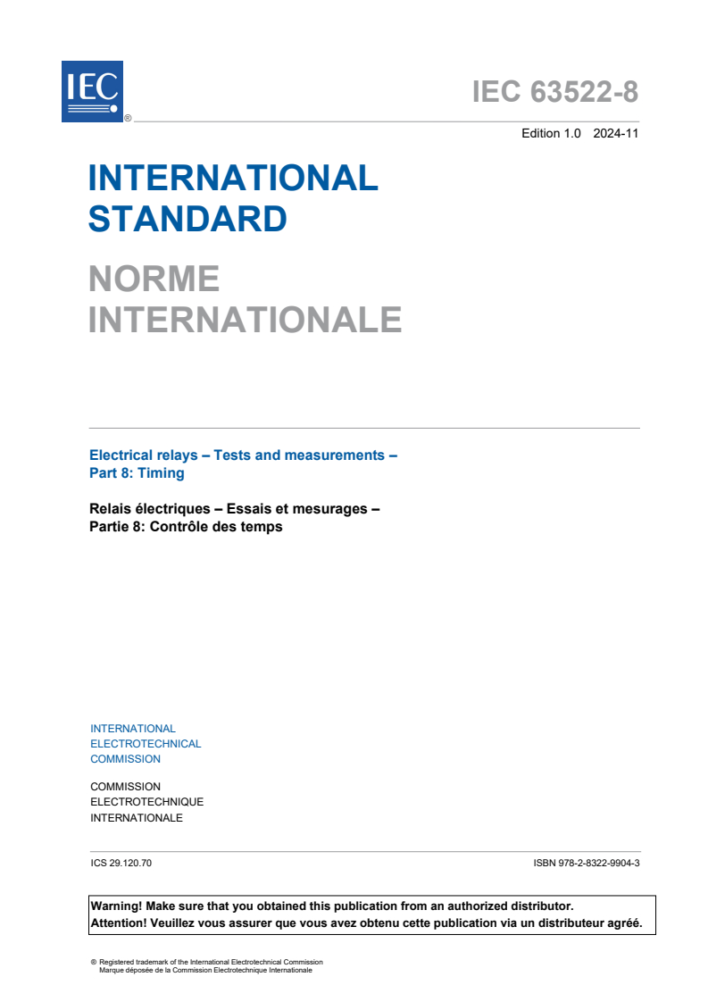 IEC 63522-8:2024 - Electrical relays - Tests and measurements - Part 8: Timing
Released:5. 11. 2024
Isbn:9782832299043