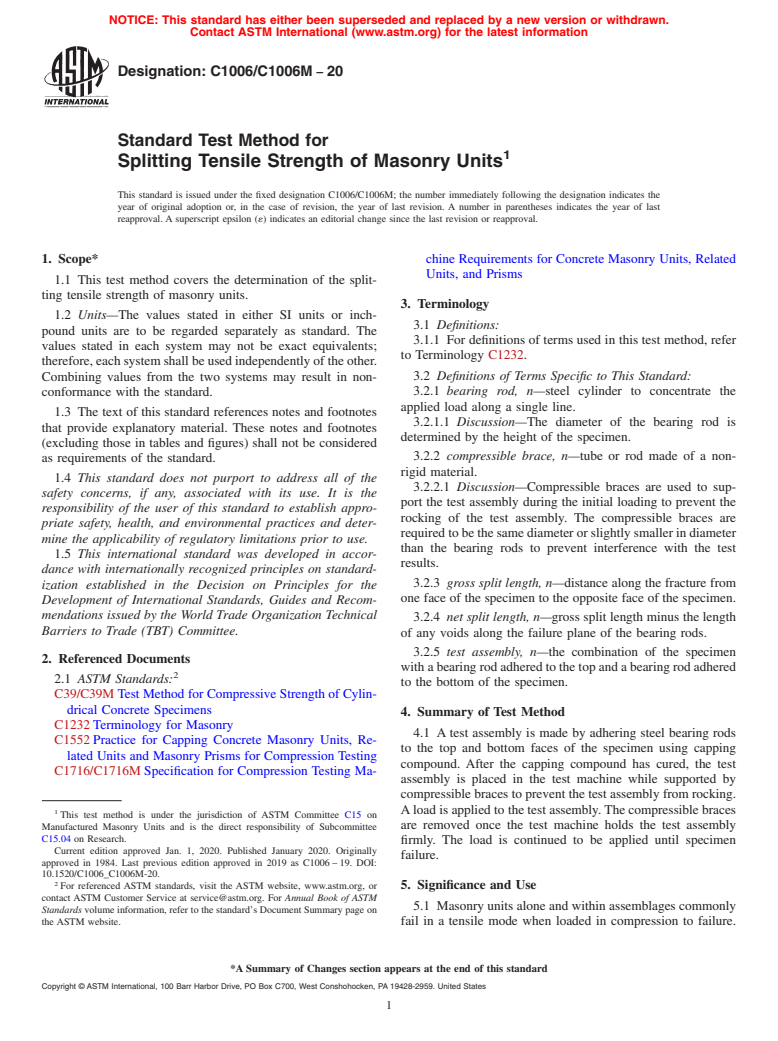 ASTM C1006/C1006M-20 - Standard Test Method for Splitting Tensile Strength of Masonry Units