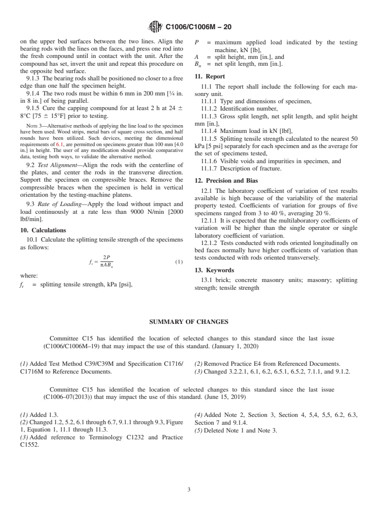 ASTM C1006/C1006M-20 - Standard Test Method for Splitting Tensile Strength of Masonry Units