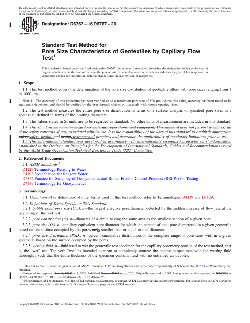 REDLINE ASTM D6767-20 - Standard Test Method for Pore Size Characteristics of Geotextiles by Capillary Flow  Test