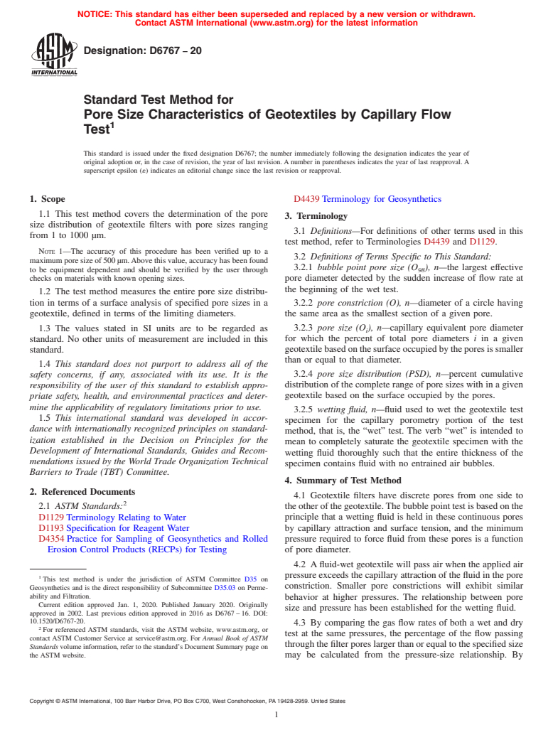 ASTM D6767-20 - Standard Test Method for Pore Size Characteristics of Geotextiles by Capillary Flow  Test