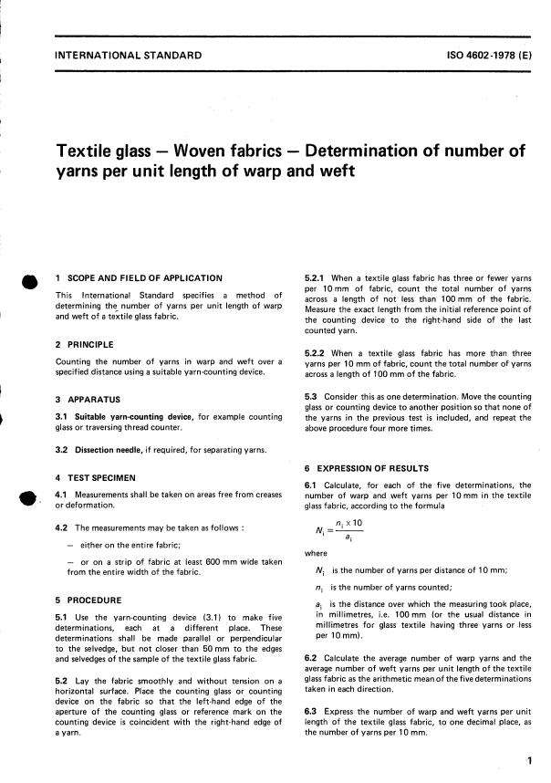 ISO 4602:1978 - Textile glass -- Woven fabrics -- Determination of number of yarns per unit length of warp and weft
