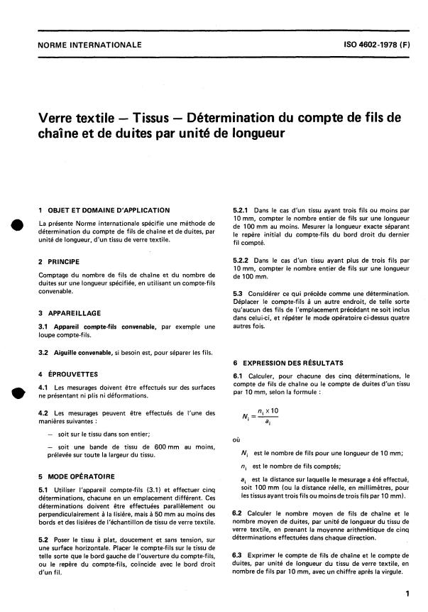 ISO 4602:1978 - Verre textile -- Tissus -- Détermination du compte de fils de chaîne et de duites par unité de longueur