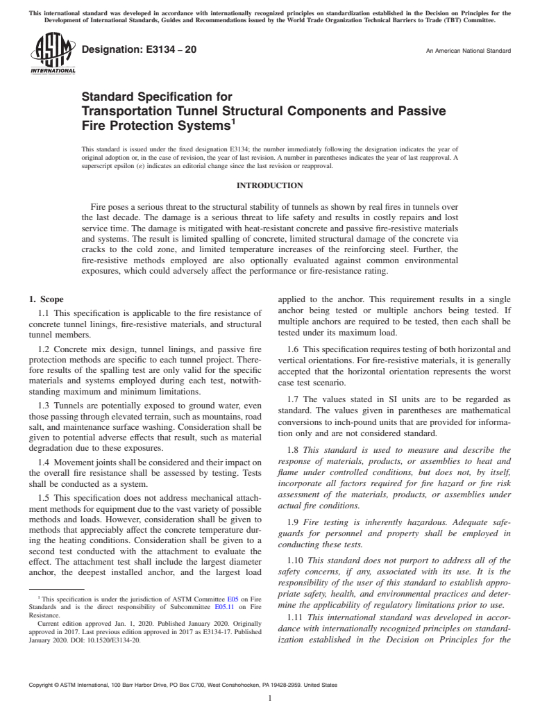 ASTM E3134-20 - Standard Specification for Transportation Tunnel Structural Components and Passive Fire  Protection Systems