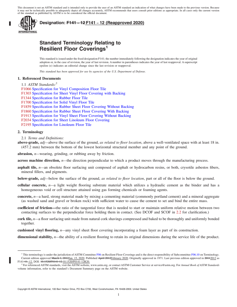 REDLINE ASTM F141-12(2020) - Standard Terminology Relating to  Resilient Floor Coverings