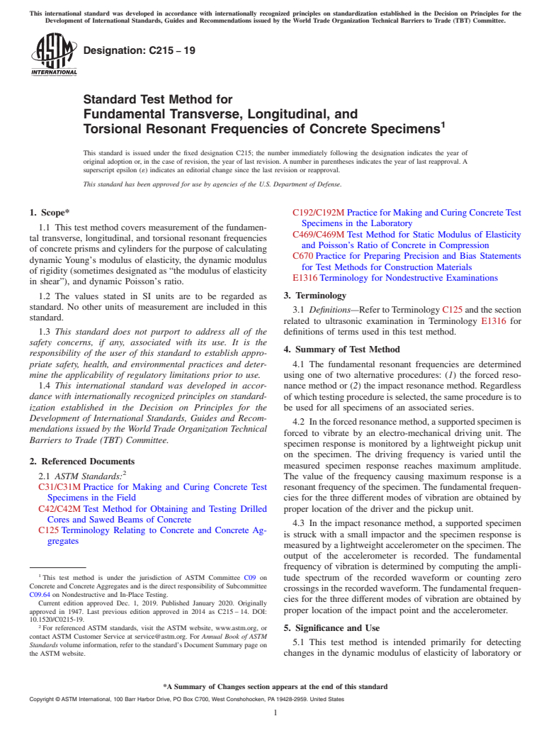 ASTM C215-19 - Standard Test Method for  Fundamental Transverse, Longitudinal, and<brk/> Torsional Resonant  Frequencies    of Concrete Specimens