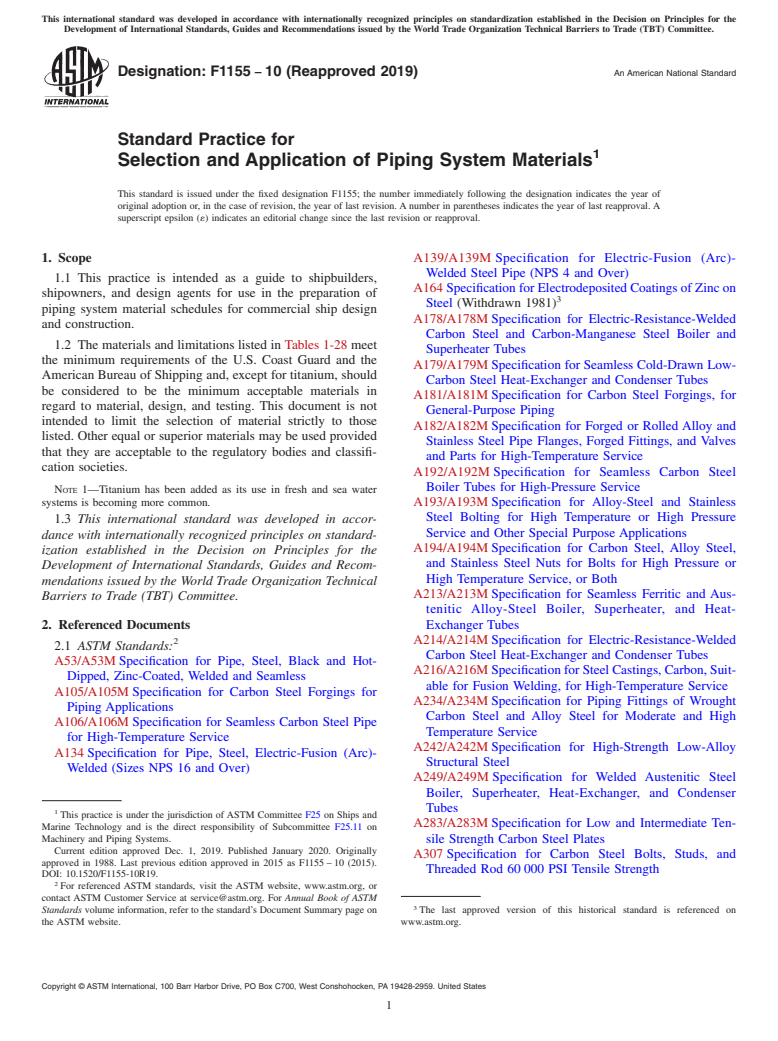 ASTM F1155-10(2019) - Standard Practice for  Selection and Application of Piping System Materials