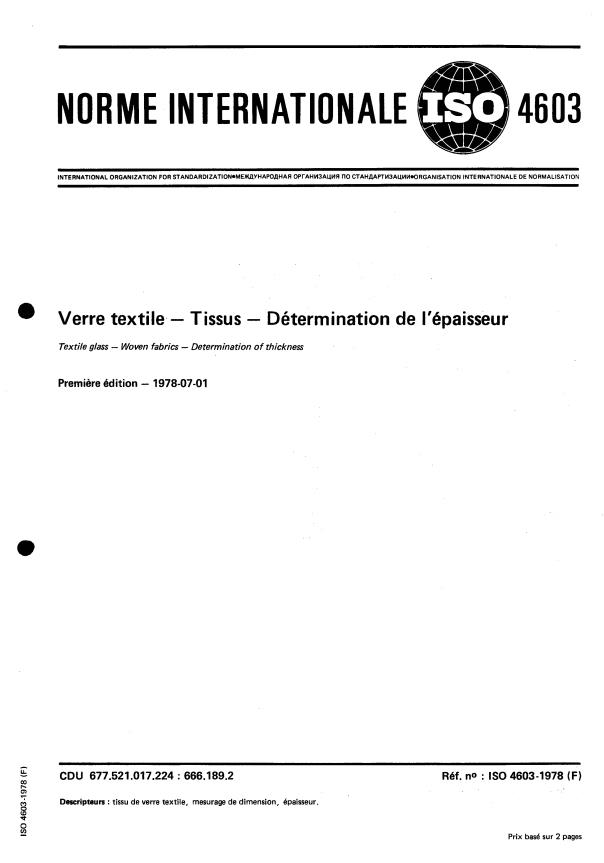 ISO 4603:1978 - Verre textile -- Tissus -- Détermination de l'épaisseur