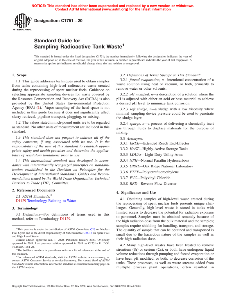 ASTM C1751-20 - Standard Guide for  Sampling Radioactive Tank Waste