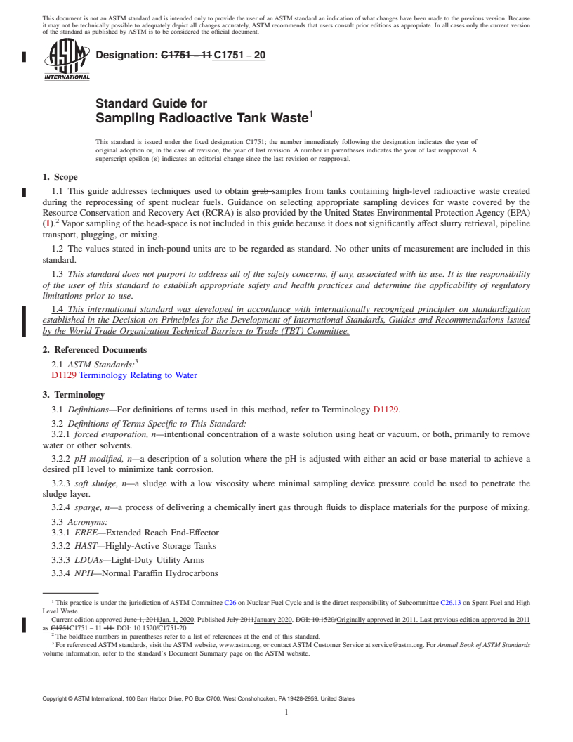 REDLINE ASTM C1751-20 - Standard Guide for  Sampling Radioactive Tank Waste