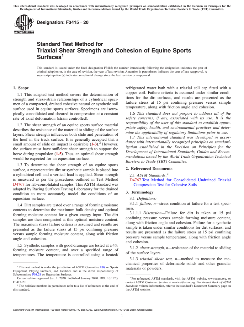 ASTM F3415-20 - Standard Test Method for Triaxial Shear Strength and Cohesion of Equine Sports Surfaces