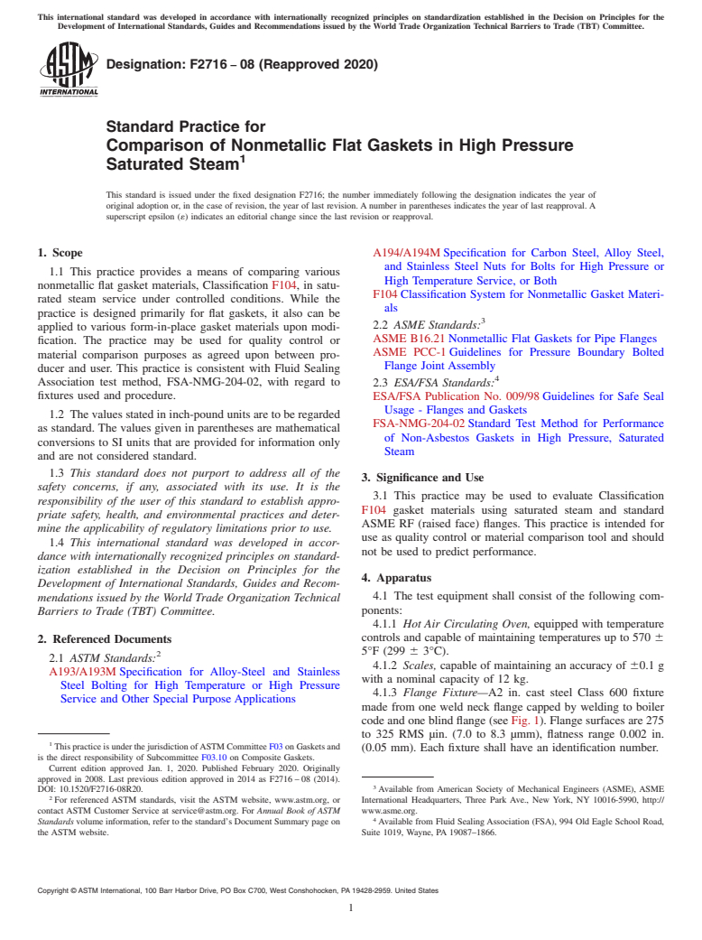 ASTM F2716-08(2020) - Standard Practice for Comparison of Nonmetallic Flat Gaskets in High Pressure Saturated  Steam