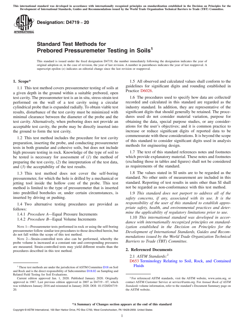 ASTM D4719-20 - Standard Test Methods for Prebored Pressuremeter Testing in Soils