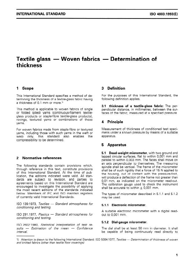 ISO 4603:1993 - Textile glass -- Woven fabrics -- Determination of thickness