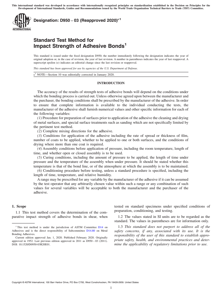 ASTM D950-03(2020)e1 - Standard Test Method for Impact Strength of Adhesive Bonds