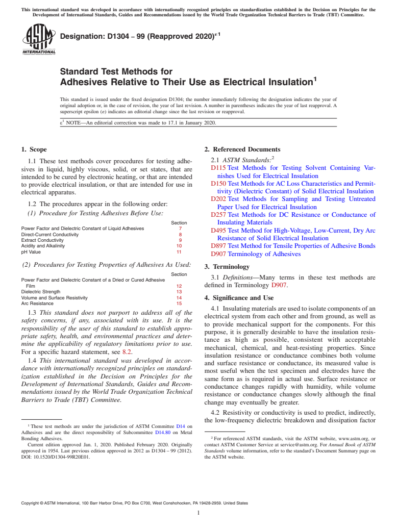 ASTM D1304-99(2020)e1 - Standard Test Methods for Adhesives Relative to Their Use as Electrical Insulation