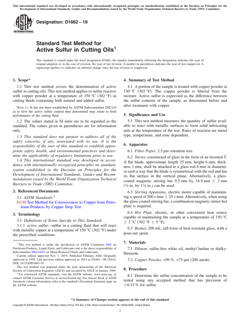 ASTM D1662-19 - Standard Test Method for  Active Sulfur in Cutting Oils