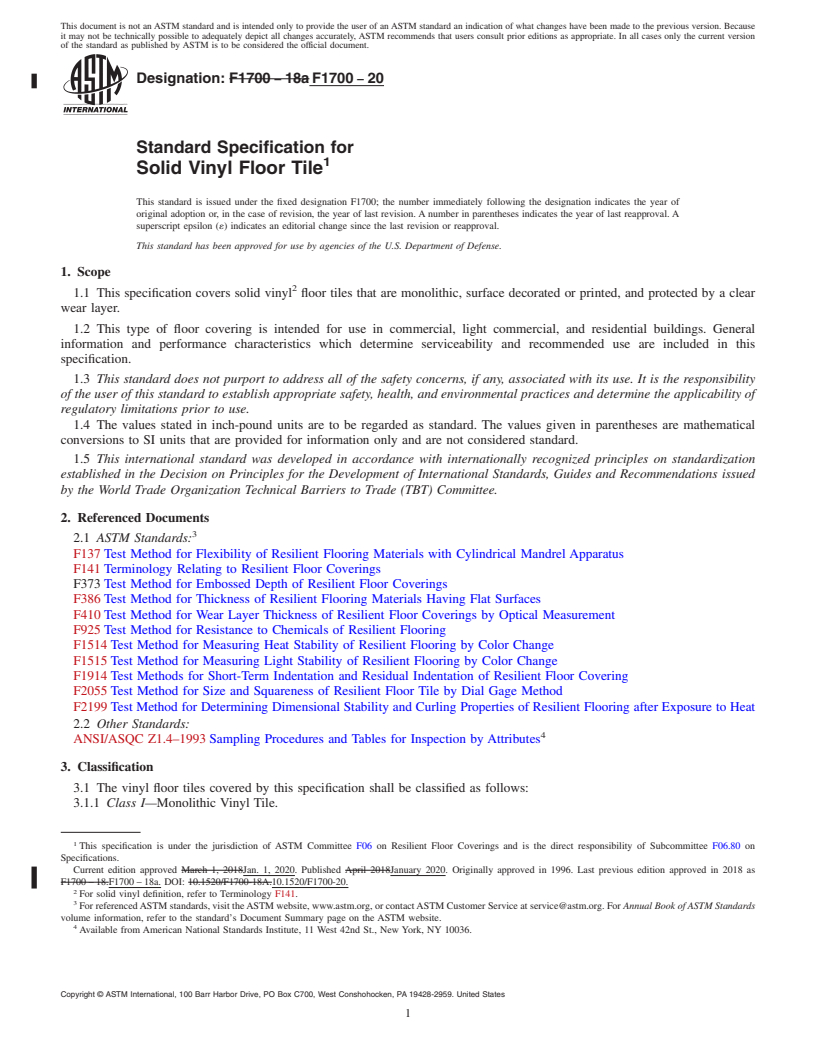 REDLINE ASTM F1700-20 - Standard Specification for  Solid Vinyl Floor Tile