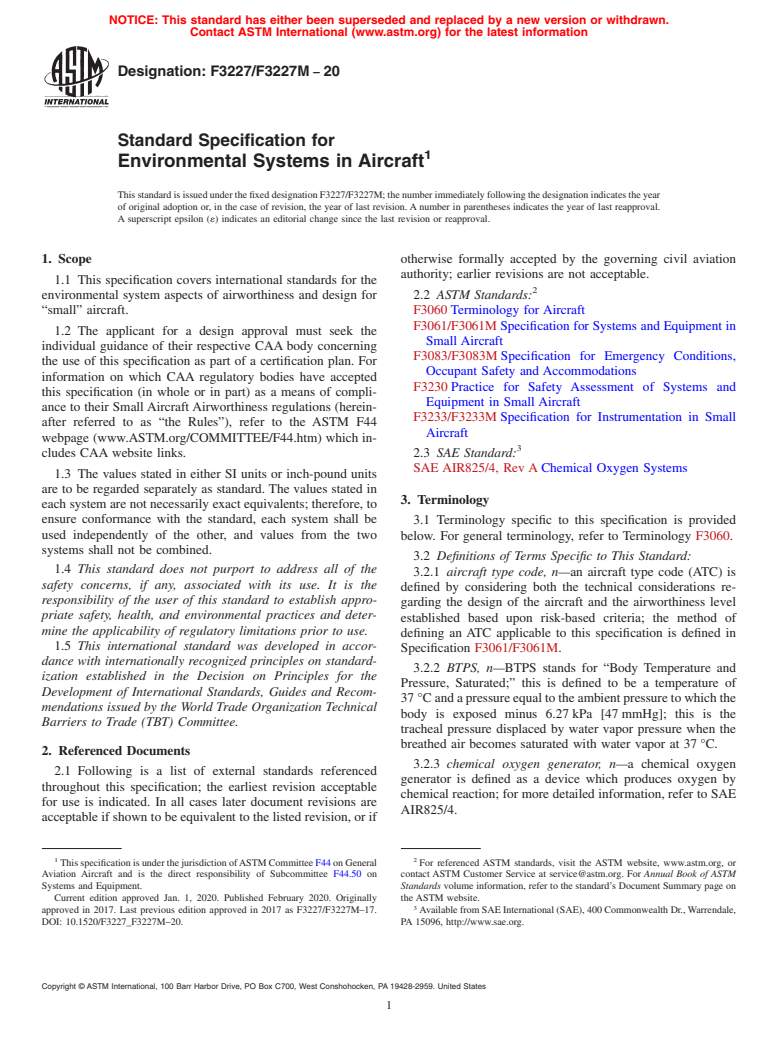 ASTM F3227/F3227M-20 - Standard Specification for Environmental Systems in Aircraft