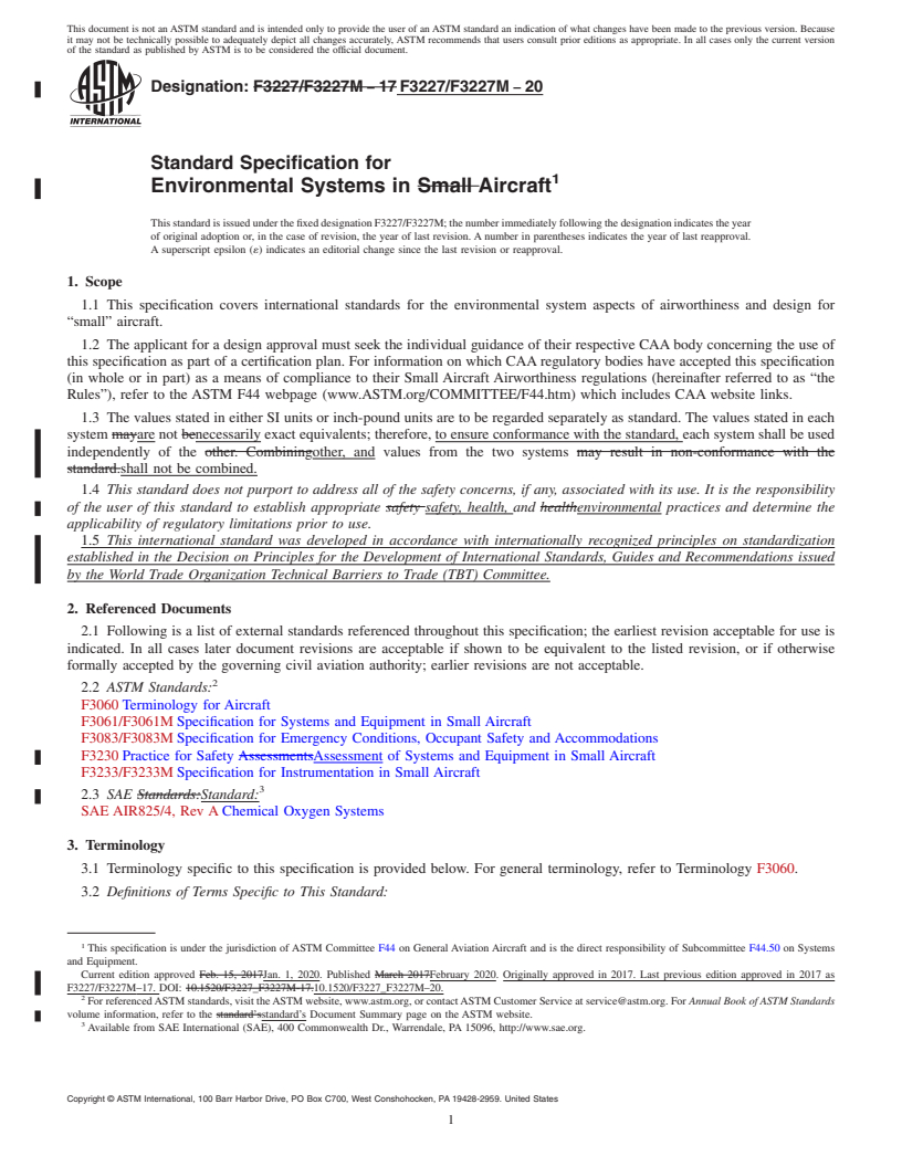 REDLINE ASTM F3227/F3227M-20 - Standard Specification for Environmental Systems in Aircraft