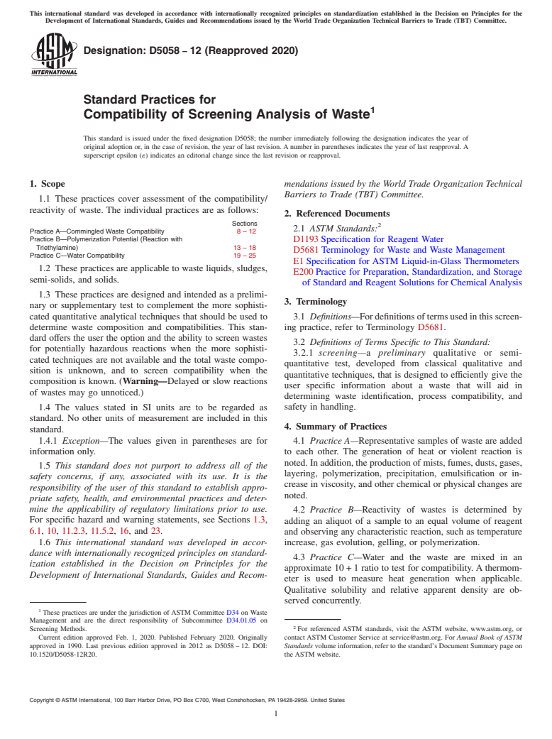 ASTM D5058-12(2020) - Standard Practices for  Compatibility of Screening Analysis of Waste