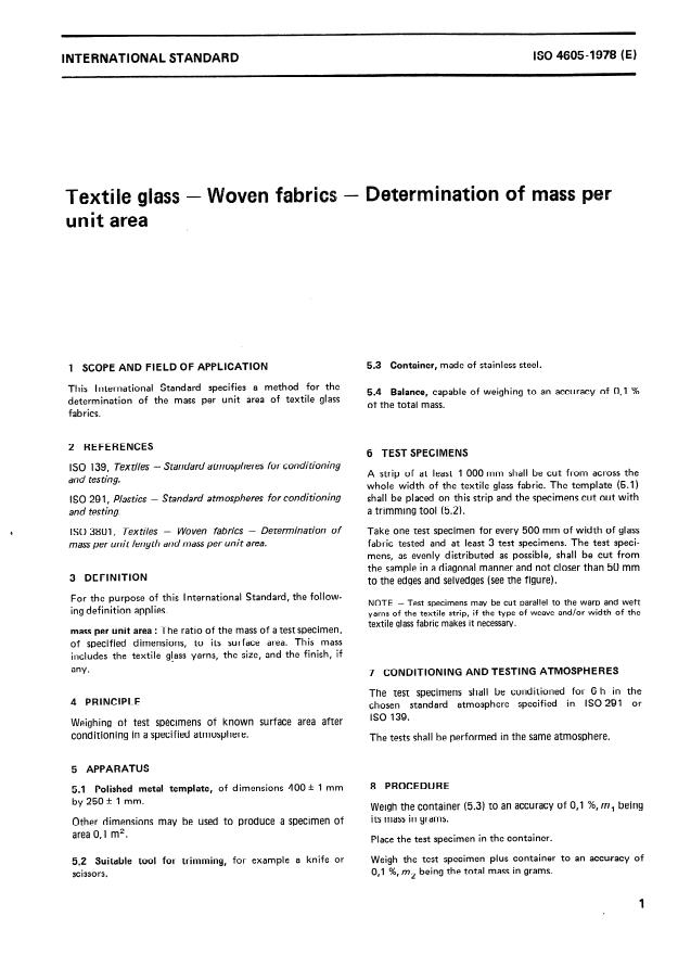 ISO 4605:1978 - Textile glass -- Woven fabrics -- Determination of mass per unit area
