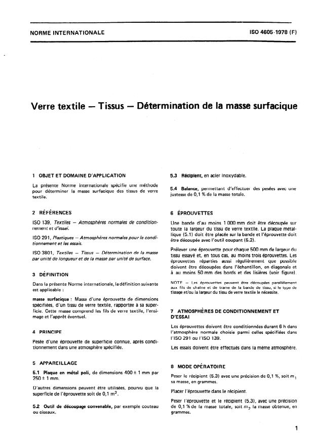ISO 4605:1978 - Verre textile -- Tissus -- Détermination de la masse surfacique