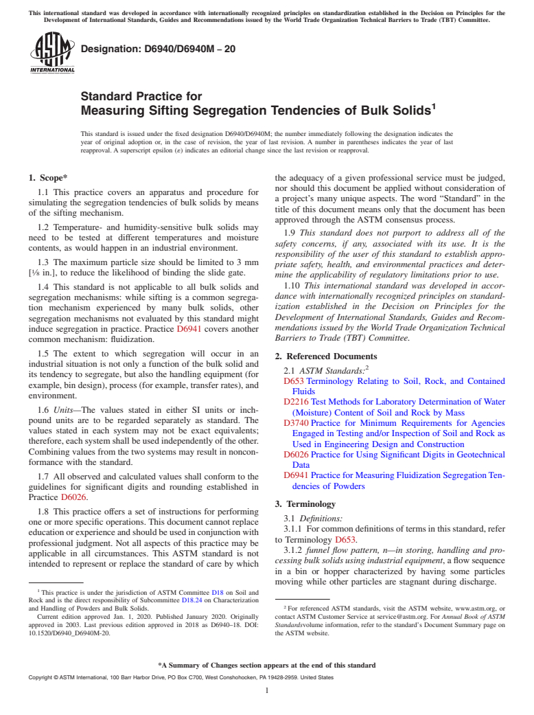 ASTM D6940/D6940M-20 - Standard Practice for Measuring Sifting Segregation Tendencies of Bulk Solids