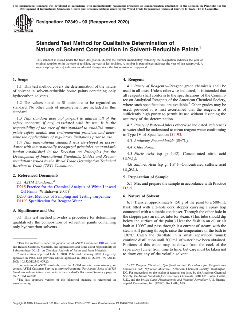 ASTM D2349-90(2020) - Standard Test Method for Qualitative Determination of Nature of Solvent Composition in Solvent-Reducible Paints