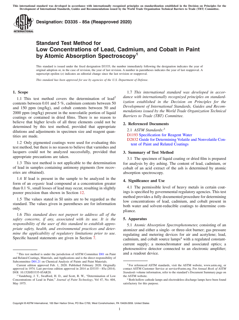 ASTM D3335-85a(2020) - Standard Test Method for Low Concentrations of Lead, Cadmium, and Cobalt in Paint by   Atomic   Absorption Spectroscopy