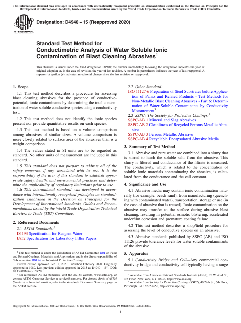 ASTM D4940-15(2020) - Standard Test Method for Conductimetric Analysis of Water Soluble Ionic Contamination   of Blast Cleaning Abrasives