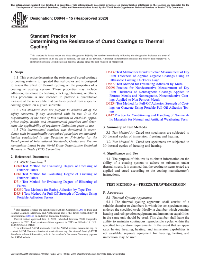 ASTM D6944-15(2020) - Standard Practice for Determining the Resistance of Cured Coatings to Thermal Cycling