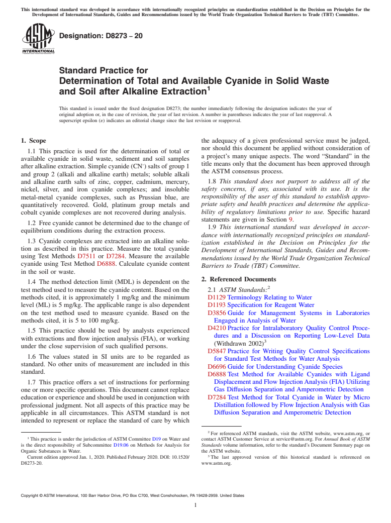 ASTM D8273-20 - Standard Practice for Determination of Total and Available Cyanide in Solid Waste  and Soil after Alkaline Extraction