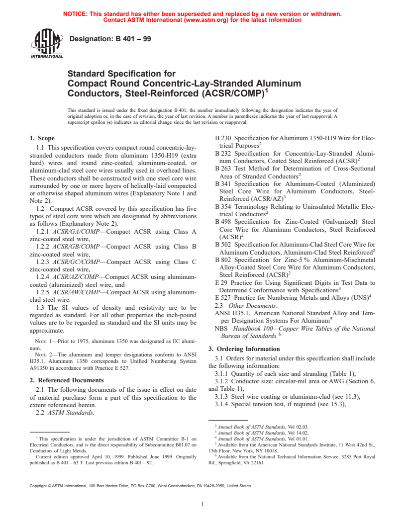 ASTM B401-99 - Standard Specification for Compact Round Concentric-Lay-Stranded Aluminum Conductors, Steel-Reinforced (ACSR/COMP)