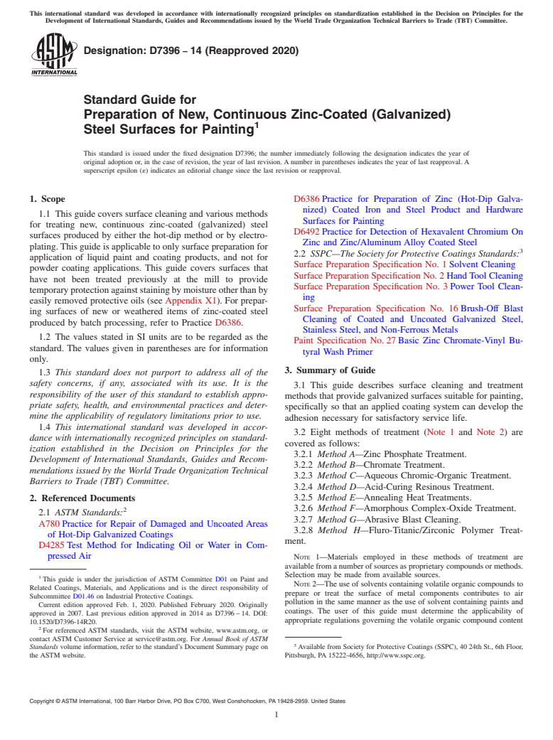 ASTM D7396-14(2020) - Standard Guide for Preparation of New, Continuous Zinc-Coated (Galvanized) Steel  Surfaces         for Painting