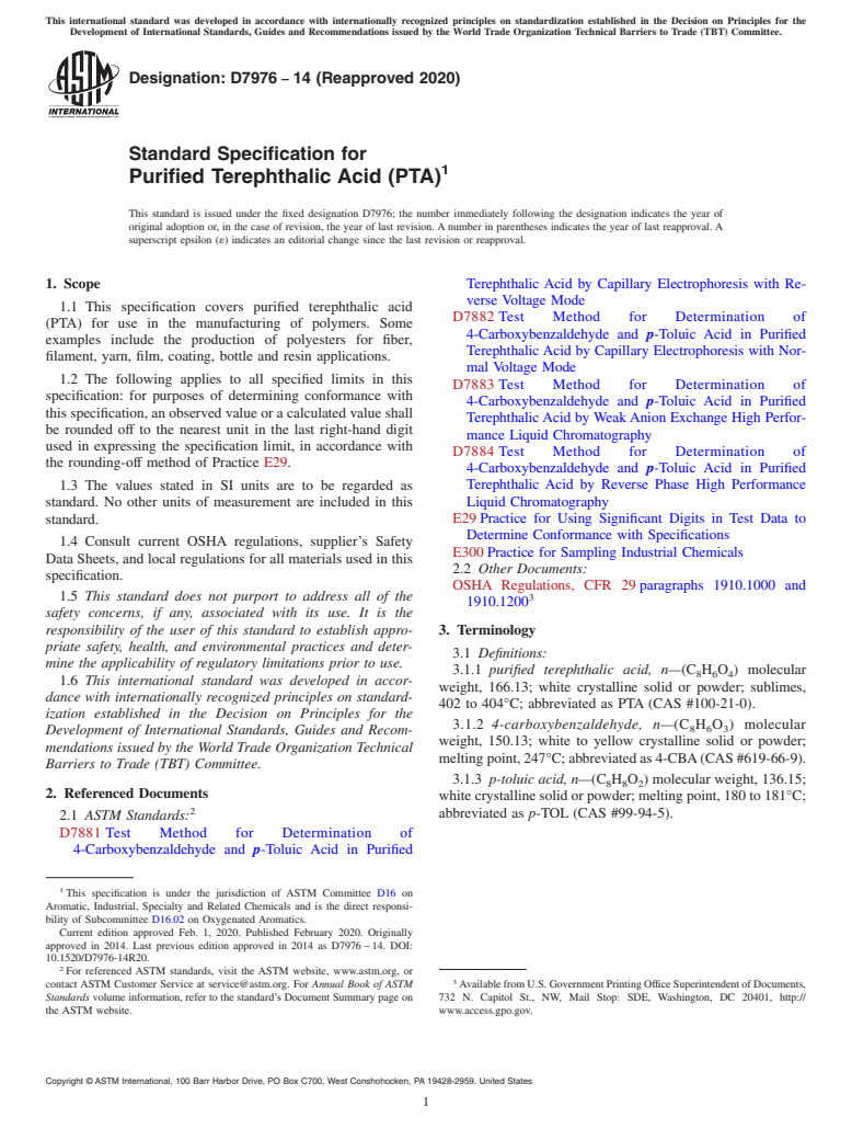 ASTM D7976-14(2020) - Standard Specification for Purified Terephthalic Acid (PTA)