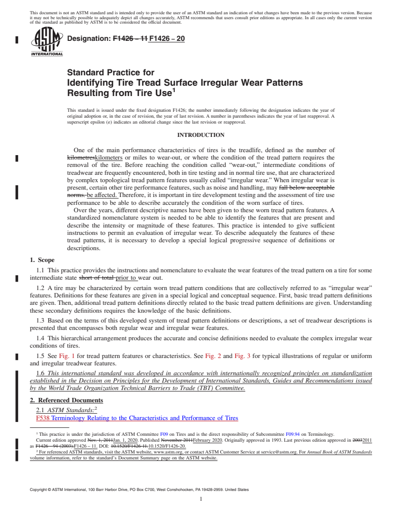 REDLINE ASTM F1426-20 - Standard Practice for  Identifying Tire Tread Surface Irregular Wear Patterns Resulting  from Tire Use