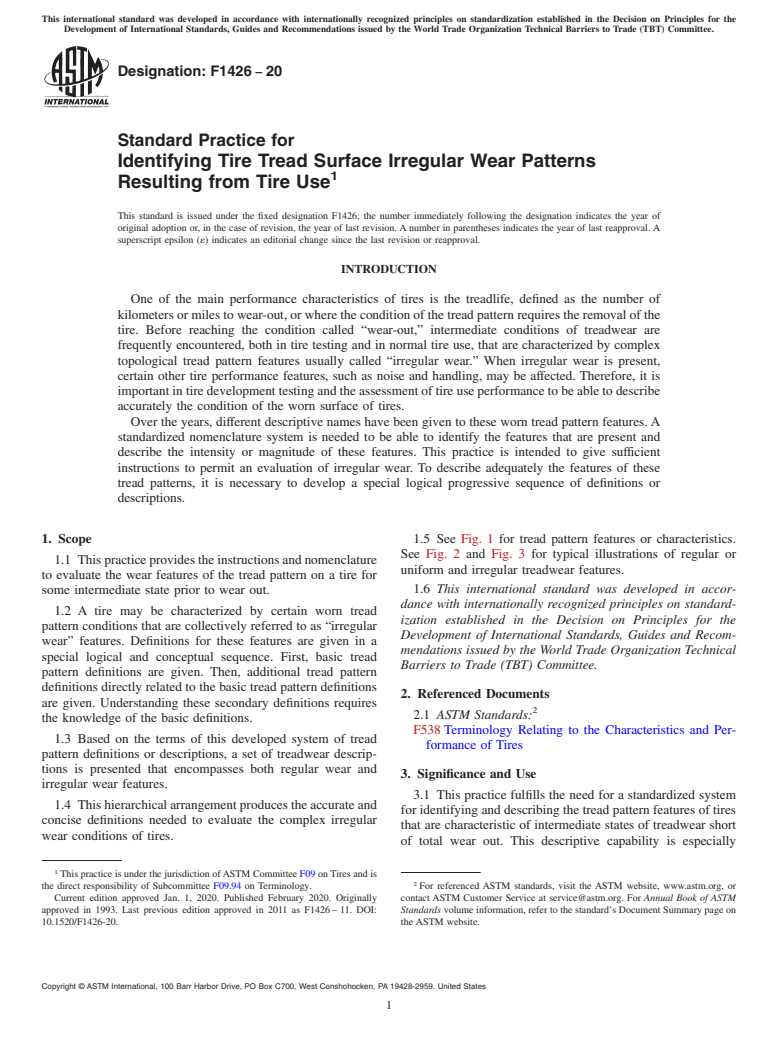 ASTM F1426-20 - Standard Practice for  Identifying Tire Tread Surface Irregular Wear Patterns Resulting  from Tire Use