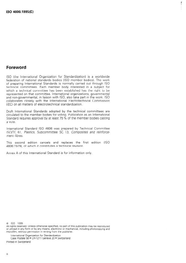 ISO 4606:1995 ISO 4606:1995 - Textile glass -- Woven fabric -- Determination of tensile breaking force and elongation at break by the strip method - Page 2 preview